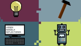 Glühbirne, Hammer, Laptop und Roboter in Pixelgrafik.
