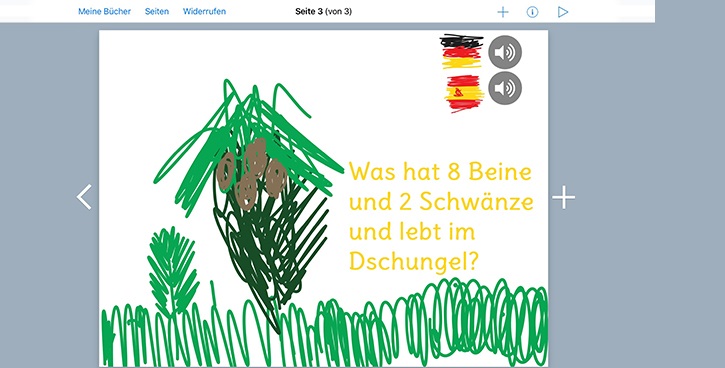 Bildschirmfoto Book Creator-Seite: Ein gemalter Dschungel mit Rätselfrage "Was hat 8 Beine und 2 Schwänze und lebt im Dschungel?"