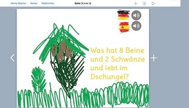 Bildschirmfoto Book Creator: Ein gemalter Dschungel und eine Rätselfrage: "Was hat 8 Beine und 2 Schwänze und lebt im Dschungel?"