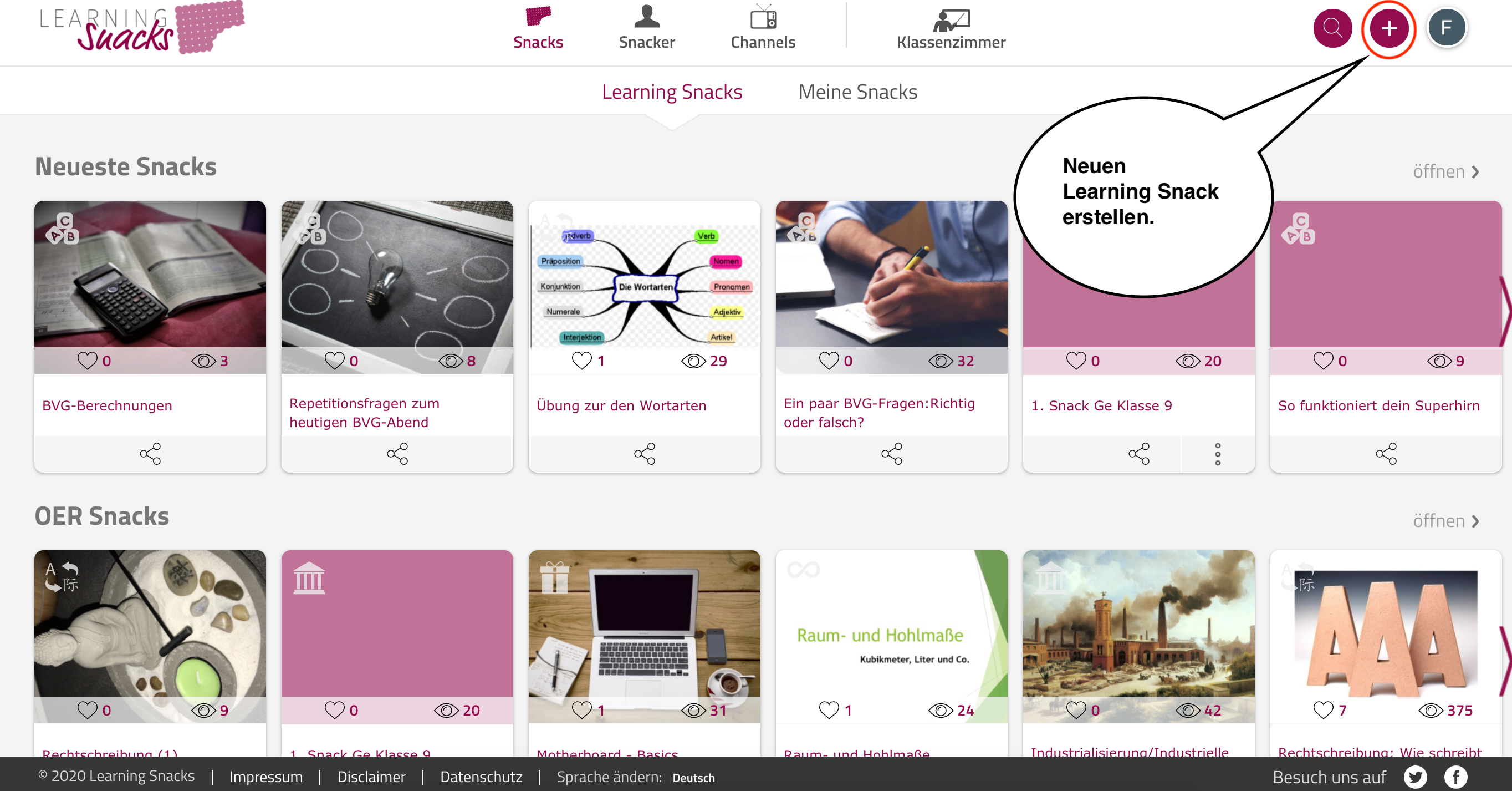 Learning-Snacks-Startseite: Neuen Learning Snacks erstellen über den Plus-Button