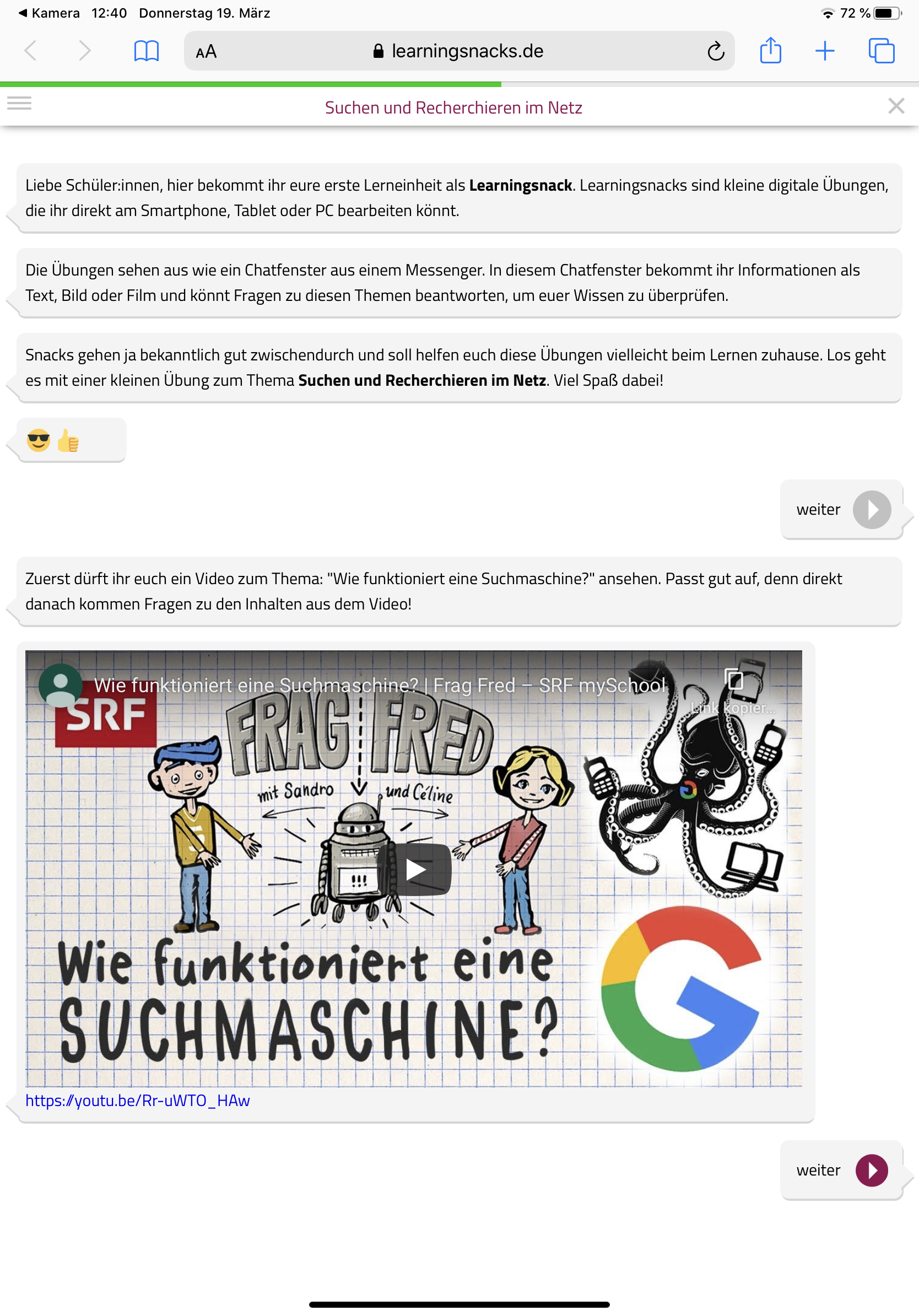 Learning Snacks Beispiel zum Thema Suchen und Recherchieren im Netz inklusive eingebetteten Video