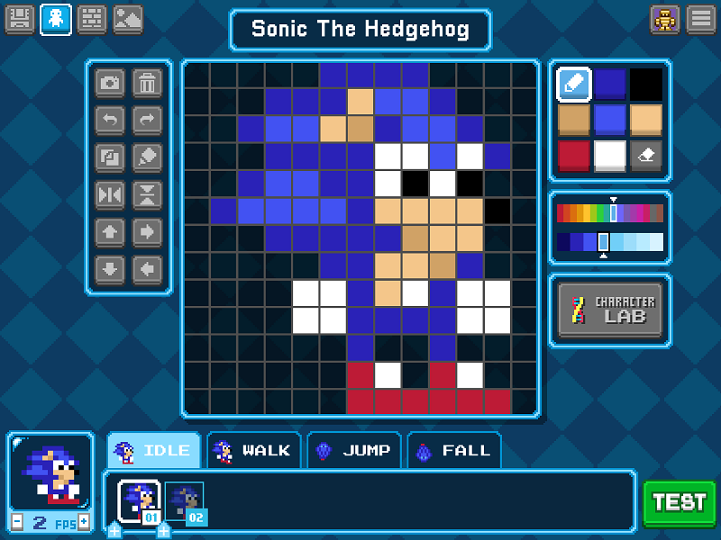 Mit dem Bloxels-Editor erstellt: Die Spielfigur Sonic der Igel