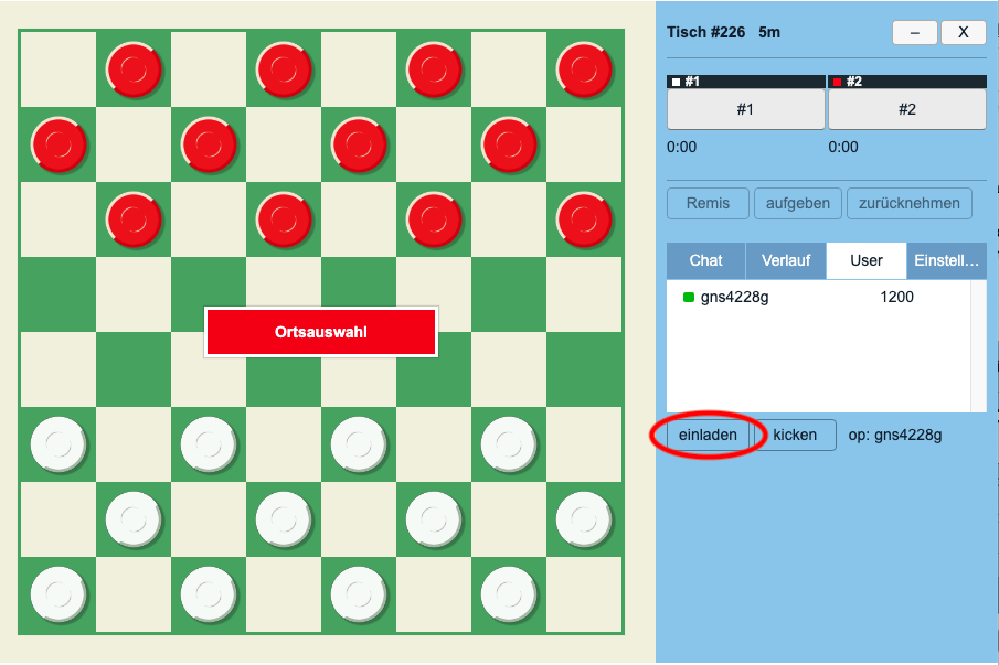 Startbildschirm für das Spiel Dame auf der Webseite playok.com