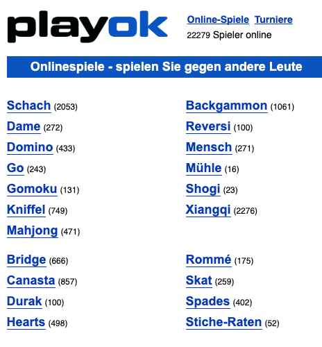 Eine Übersicht der auf playok.com vorhandenen Spiele. Es sind die meisten Brettspielklassiker verfügbar.