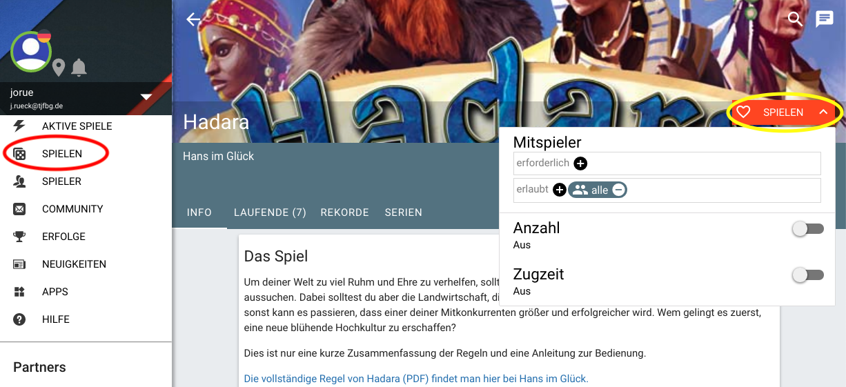 Beispielansicht für das Starten einer privaten Spielpartie "Hadara".