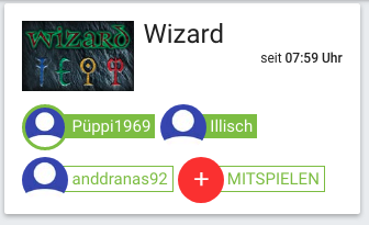 Beispielhaftes Fenster für eine gestartete Partie "Wizard", welche noch auf Mitspieler*innen wartet.