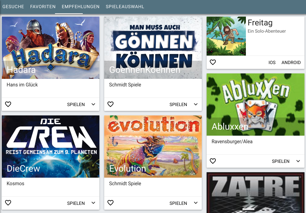 Ein Ausschnitt der Spieleübersicht auf Brettspielwelt.de.