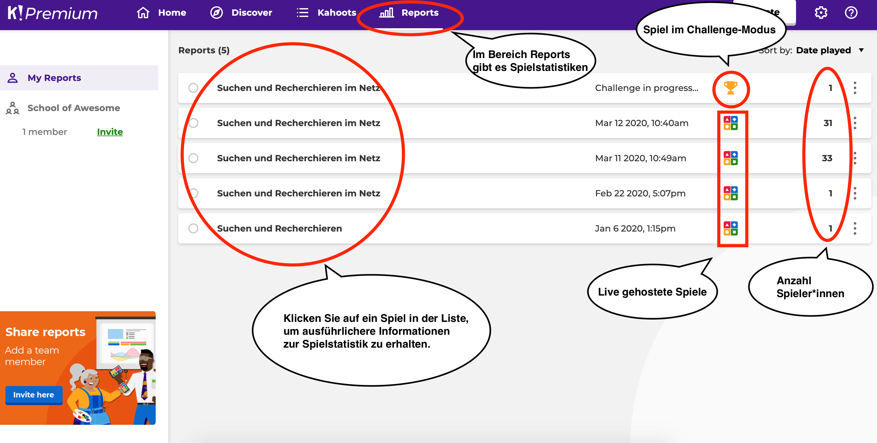 Übersicht des Bereichs Reports. Hier gibt es eine Liste der Spiele und die Möglichkeit Spielstatistiken einzusehen.