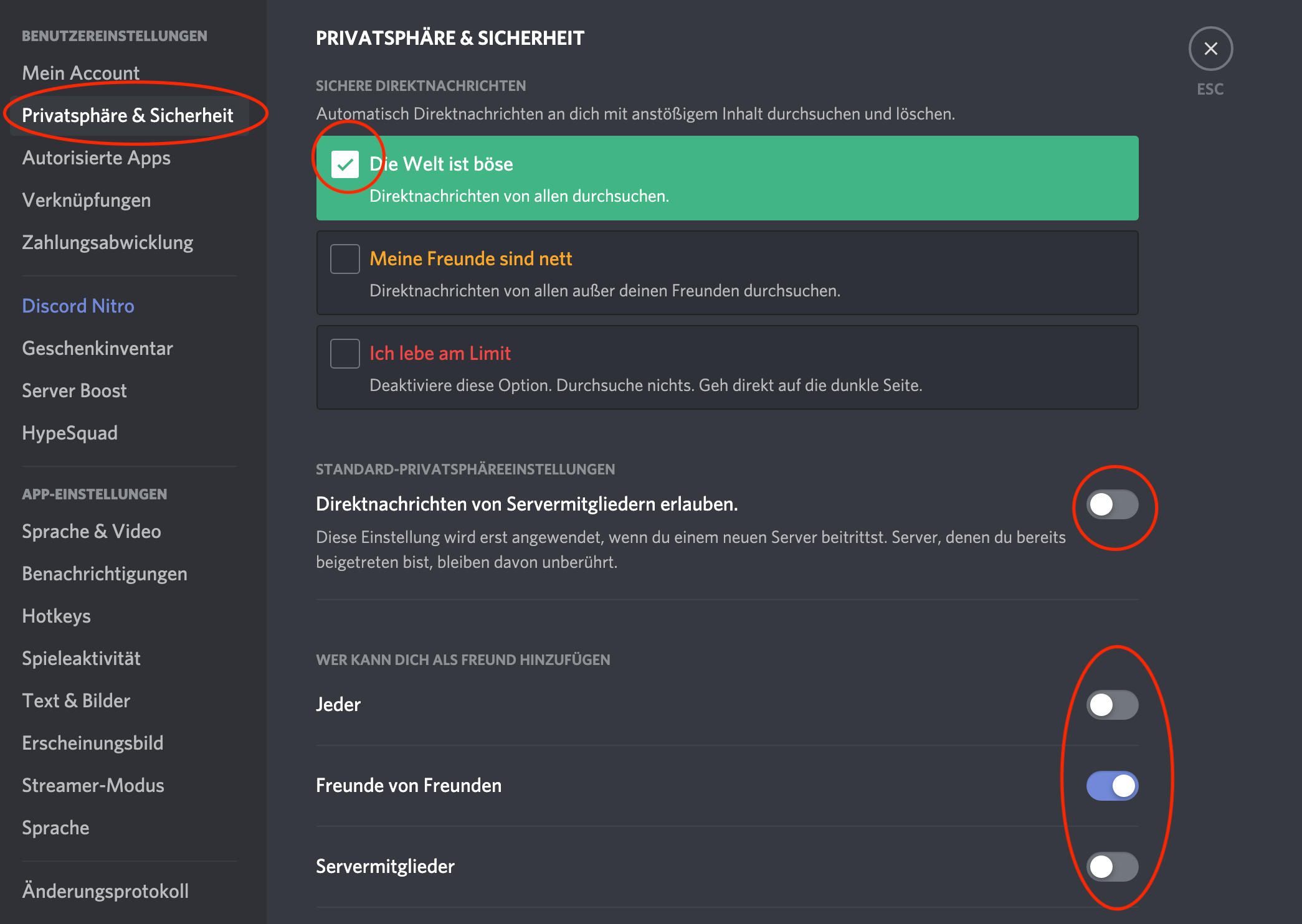 Die Privatsphäre- und Sicherheitseinstellungen. Markiert ist die Option "Die Welt ist böse" (Dabei werdenn alle Direktnachrichten automatisch nach anstößigem Inhalt durchsucht)