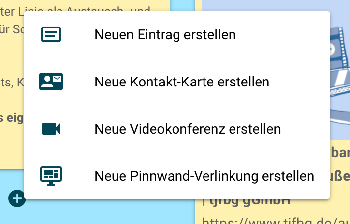 Screenshot: Über die Plus-Symbole auf der Pinnwand können neue Einträge hinzugefügt werden.