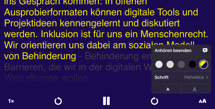 Gedruckter Text mit angepasster Farbe und Textgröße im Vorlesemodus