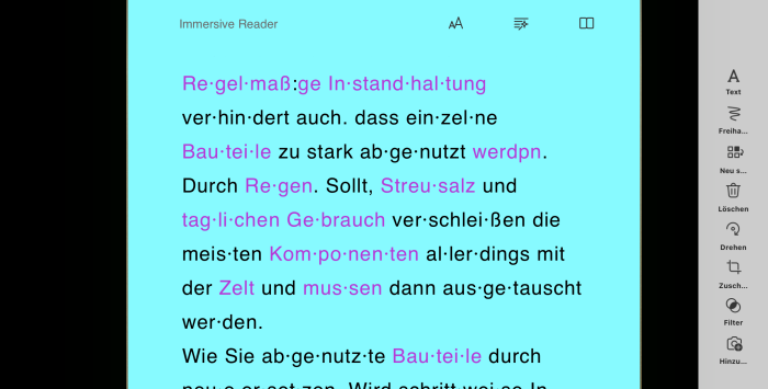 Mit Microsoft Lens fotografierter und im Plastischen Reader geteilter Text: Der Text erscheint nun in großer Schriftart, mit Silbentrennung, farbig markierten Nomen und vor hellblauem Hintergrund