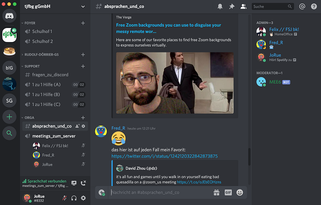 Screeshot: Die Oberfläche von Discord mit verschiedenen Kommunikationskanälen