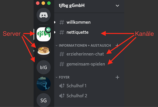 Screenshot: Verschiedene Kanäle in Discord