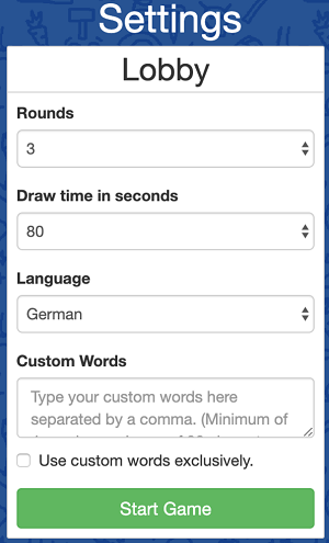 Sprache einstellen und Wörterlisten erstellen bei Scribbl.io